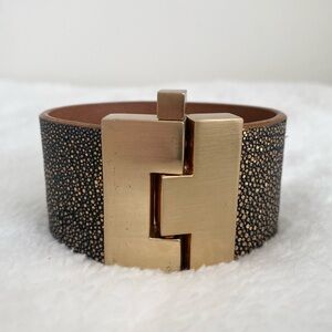 Leighelena Stingray Leather Jigsaw Cuff Bracelet Gold-Black-Brown
